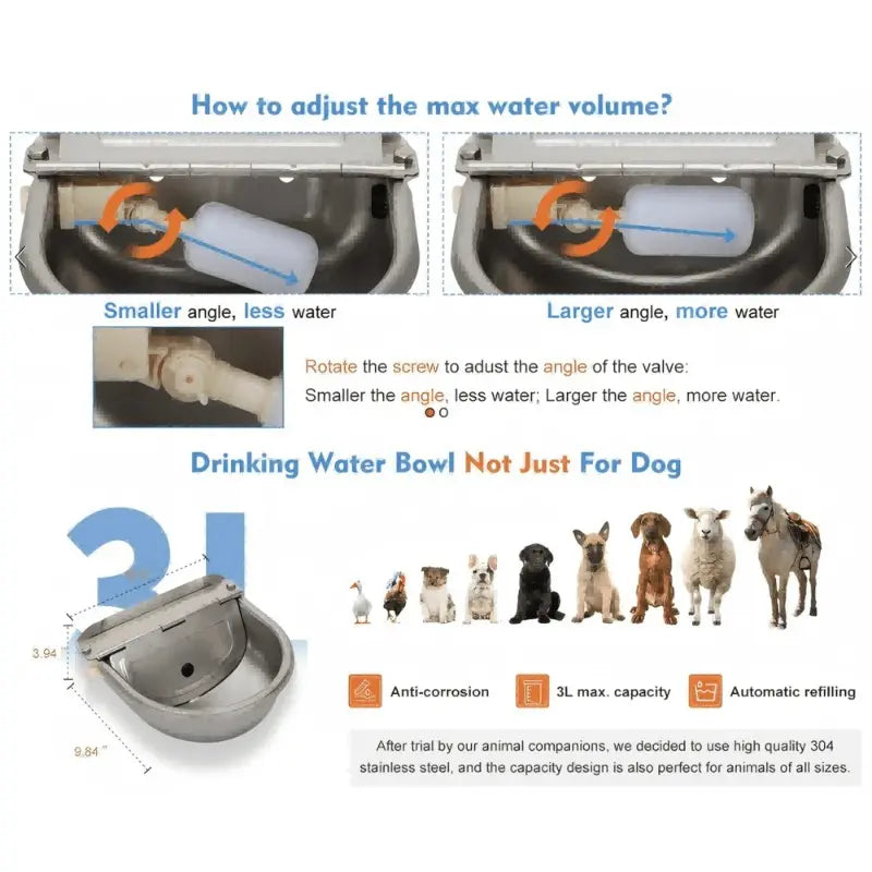 3L Stainless Steel Automatic Dog Water Dispenser with Fountain Flow, Drain Plug, and Hose for Convenient Refilling