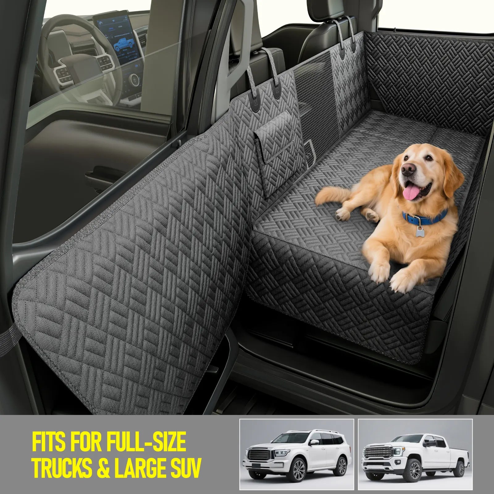 Premium Dog Car Seat Cover with Reinforced Base, Supports up to 400 lbs | Innovative Waterproof Hammock Style Back Seat Extender for Cars, SUVs, and Full-Size Trucks (Available in Small & Large Sizes)